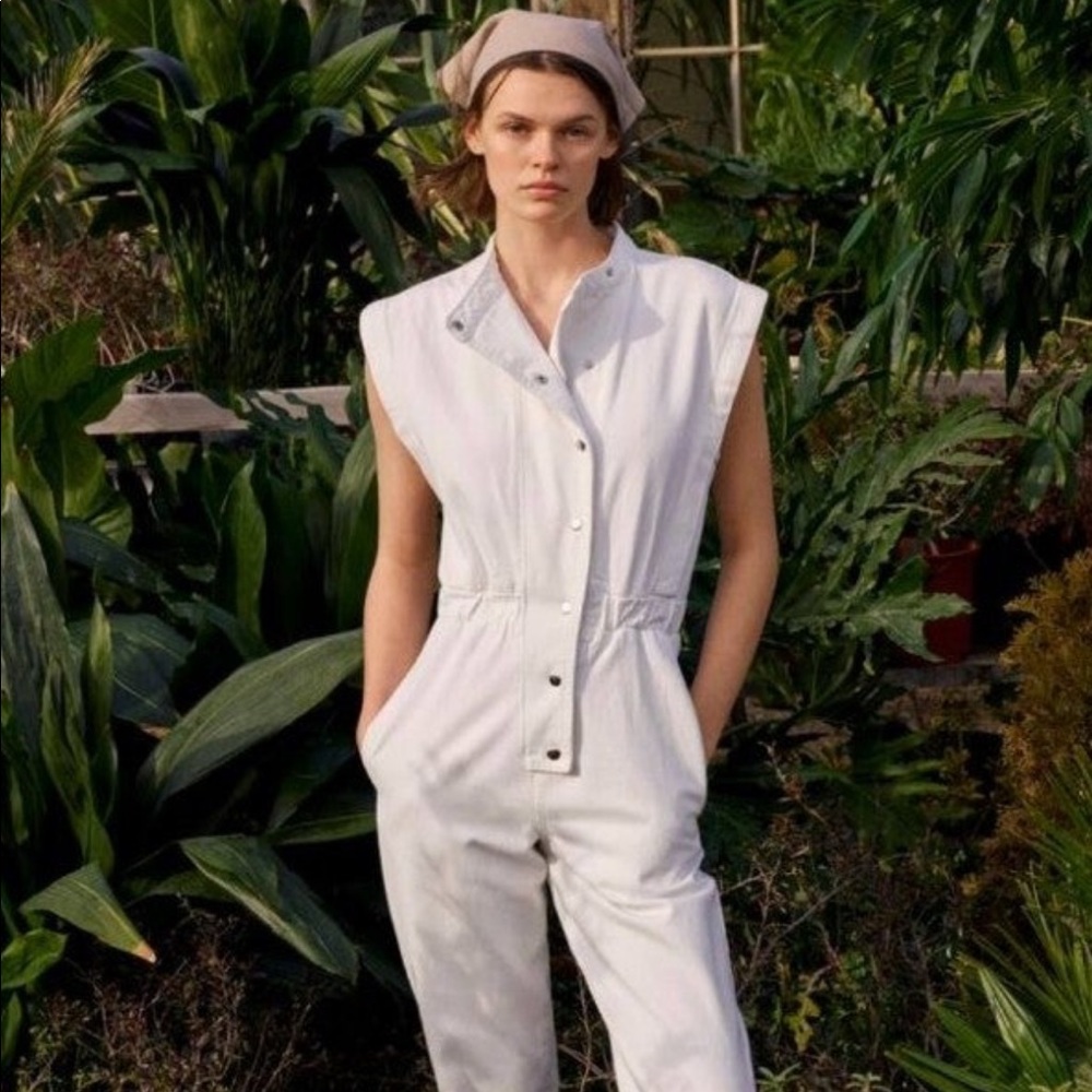 Zara white snap front denim jumpsuit